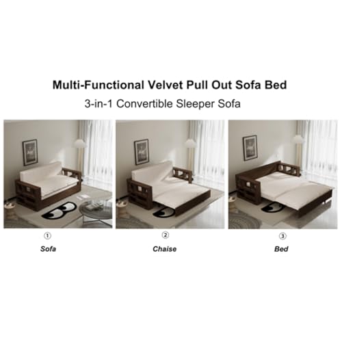 3 in 1 Convertible Sleeper Sofa Bed,Loveseat Couch with Pull Out Bed,Small 2 Seat Futon Sofa Bed Convertible Office Desk,Modular Sofa,Velvet,52.40'',Beige