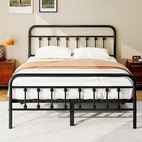 Full Size Metal Platform Bed Frame/Victorian Style Headboard and Footboard/Steel Slat Support/Easy Assembly/No Box Spring Needed/Underbed Storage/Noise Free/Black