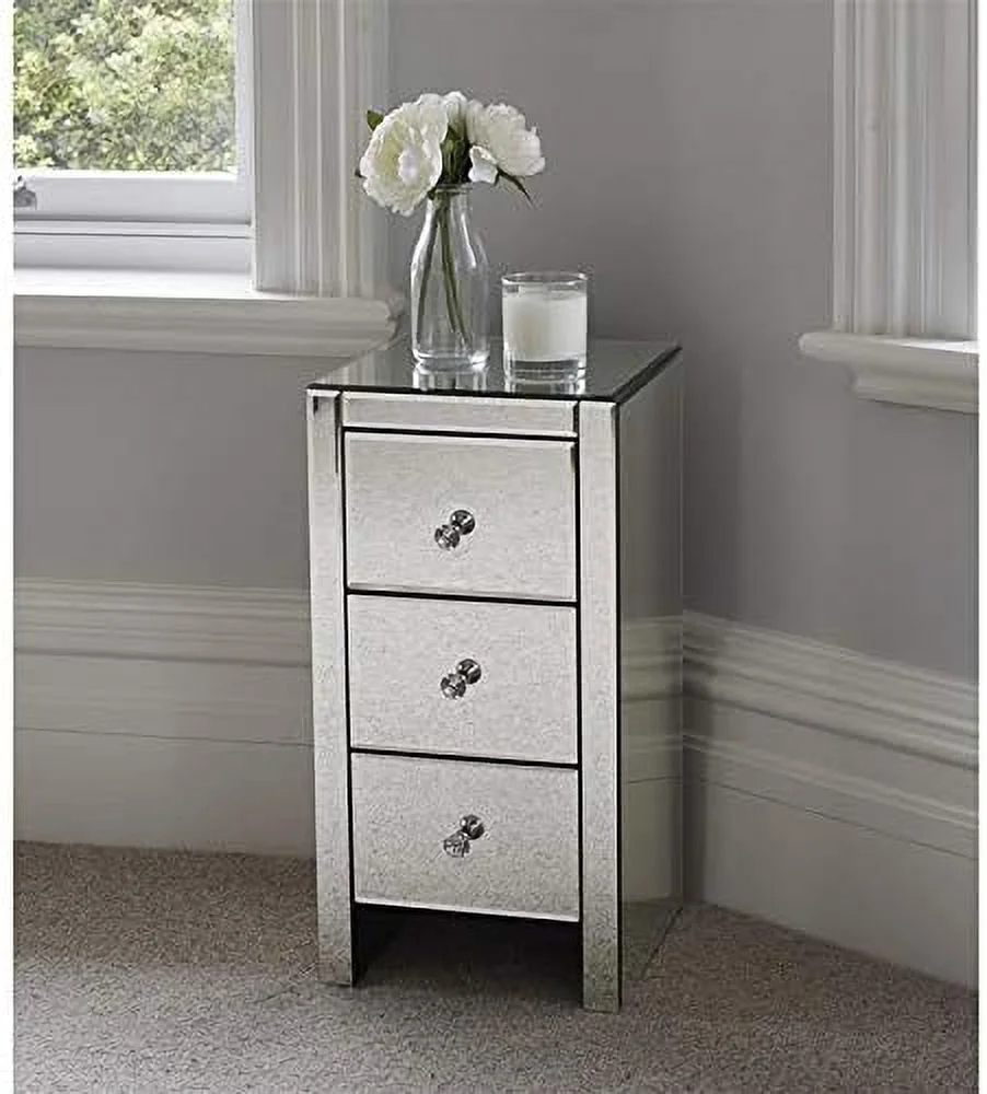 RUNFAYBIU Mirrored Nightstand  Mirrored End Table with 3 Drawers and Crystal-Style Knobs   Mirrored Bedside Table for Bedroom  Living Room  Small Place  Silver  11.81" L x 11.81"