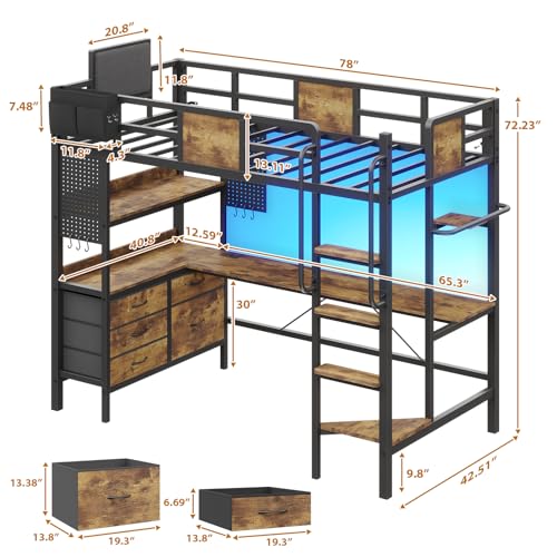 Loft Bed Twin Size with L-Shaped Desk,Twin Loft Bed with 5 Storage Drawers, LED Lights & Charging Station,Removable Ladder, Safety Guardrail,No Box Spring Needed,Rustic Brown
