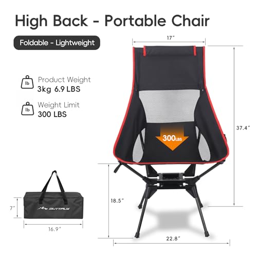 Swivel Camping Chair, High Back Folding Chair with Head Support, Side Cup Pocket, Stable Portable Outdoor Chair for Camp, Travel, Beach, Party, Fishing, Hiking, Backpacking, Black Red