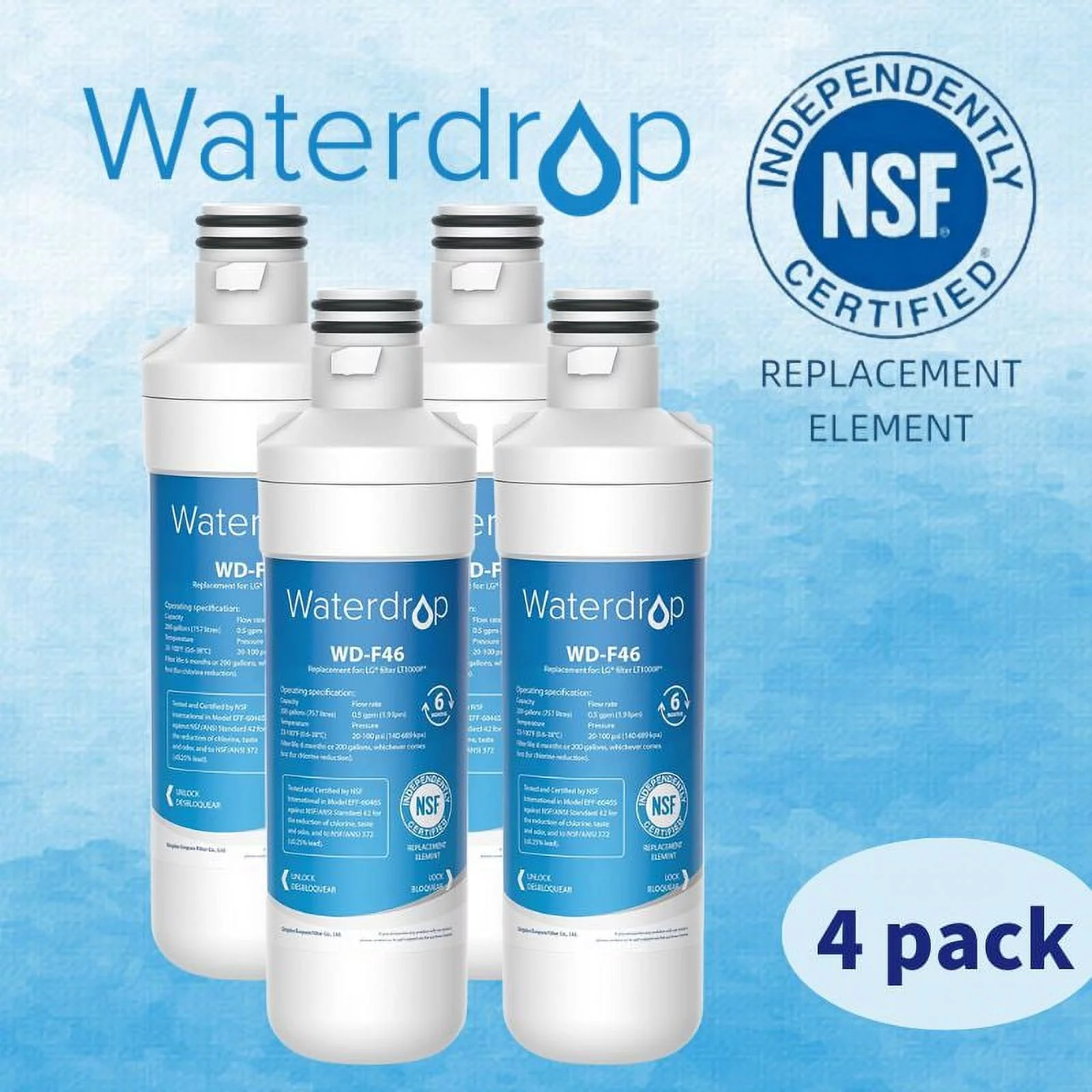 Waterdrop LT1000PC ADQ747935 MDJ64844601 Refrigerator Water Filter, Replacement for LG® LT1000P®, ADQ74793501, ADQ74793502, Kenmore 46-9980, 9980, LFXC24796S, LSFXC2496D, NSF Certified, Pack of 4