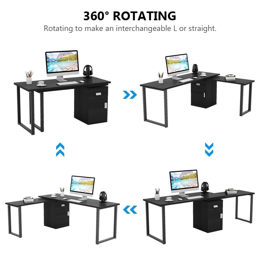 Rotating L-Shaped Computer Writing Desk with File Cabinet - Black