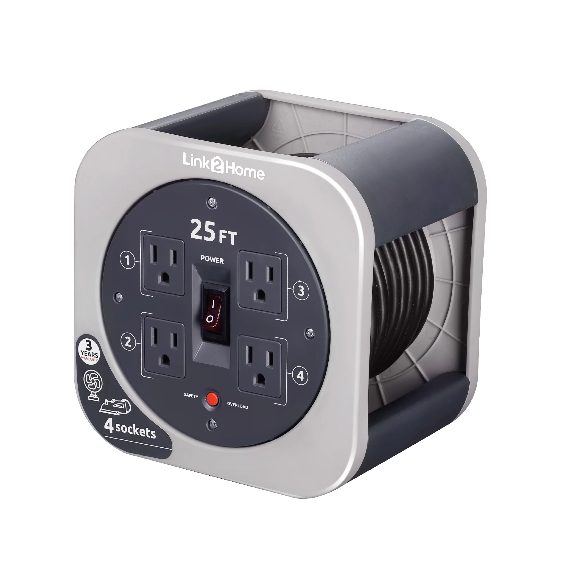 Link2Home Extension Cord Reel 25 ft. with 4 Power Outlets, 16 AWG SJT Cable.