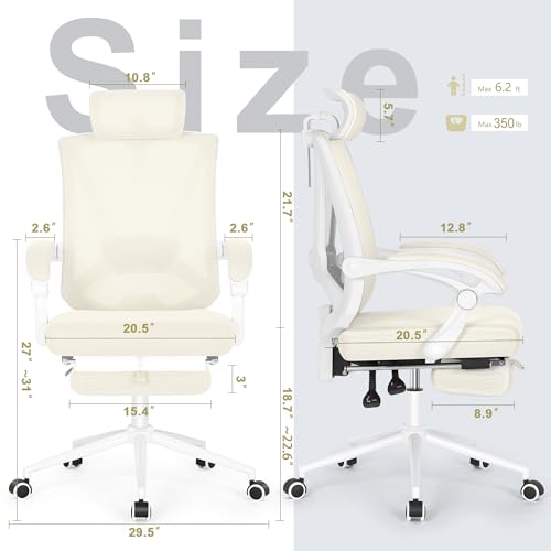 Misolant Ergonomic Office Chair with Footrest, Ergonomic Desk Chair with Adjustable 2D Lumbar Support, High Back Computer Chair with Adjustable Headrest, White Comfortable Leather Office Chairs