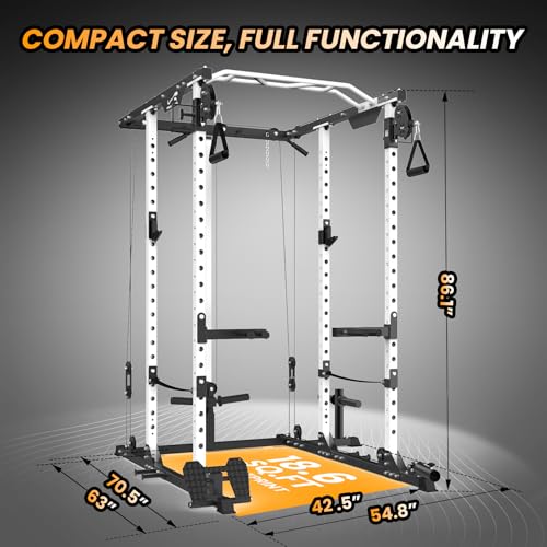 GaveeLife Power Cage, 2000 LBS Power Rack with Cable Cross-Over System, Multi-Functional Strength Training Squat Rack with LAT Pull Down System, Home Gym Equipment with Training Attachment