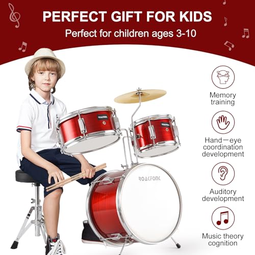 3 Piece Kids Drum Set with Throne, Beginner Junior Drum Sets with 14'' Bass Drum, Snare, Tom, Cymbal, Pedal, Drumsticks, Adjustable Seat, Drumset for kids Over 3 years old