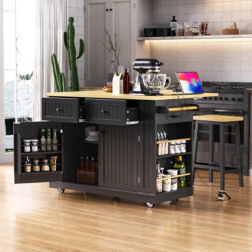 Kitchen Island with Drop Leaf & Power Outlet, Rolling Kitchen Islands Cart with 5 Open Storage Shelves & Towel Rack, Mobile Island Table for Kitchen Dining Room (48-inch, Black)