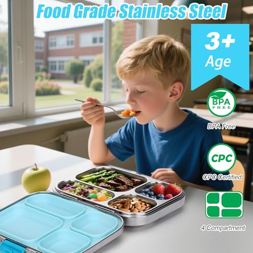 Palksky Stainless Steel Lunch Box for Kids, Leak-Proof Bento Box for Adults, 4 Compartment Food Storage Containers with Stainless Steel Lid for School, Office, Travel