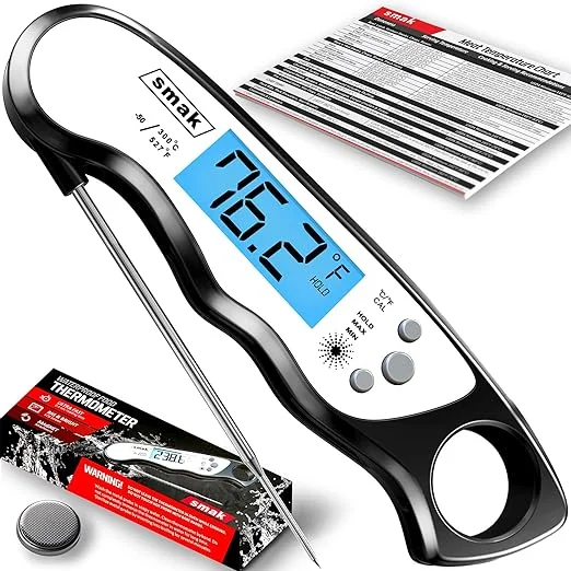 Digital Instant Read Meat Thermometer - Smak Waterproof Kitchen Food Cooking Thermometer with Backlight LCD - Best Super Fast Electric Meat Thermometer Probe for BBQ Grilling Baking Turkey Black