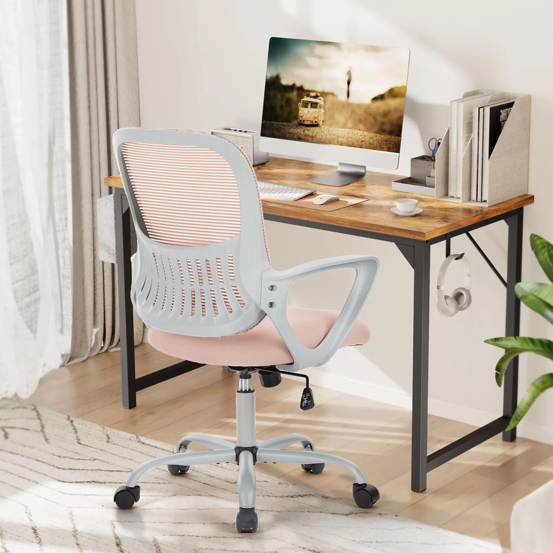 Home Office Mid Back Mesh Desk Chair with Comfortable Armrests and Cushion, Pink