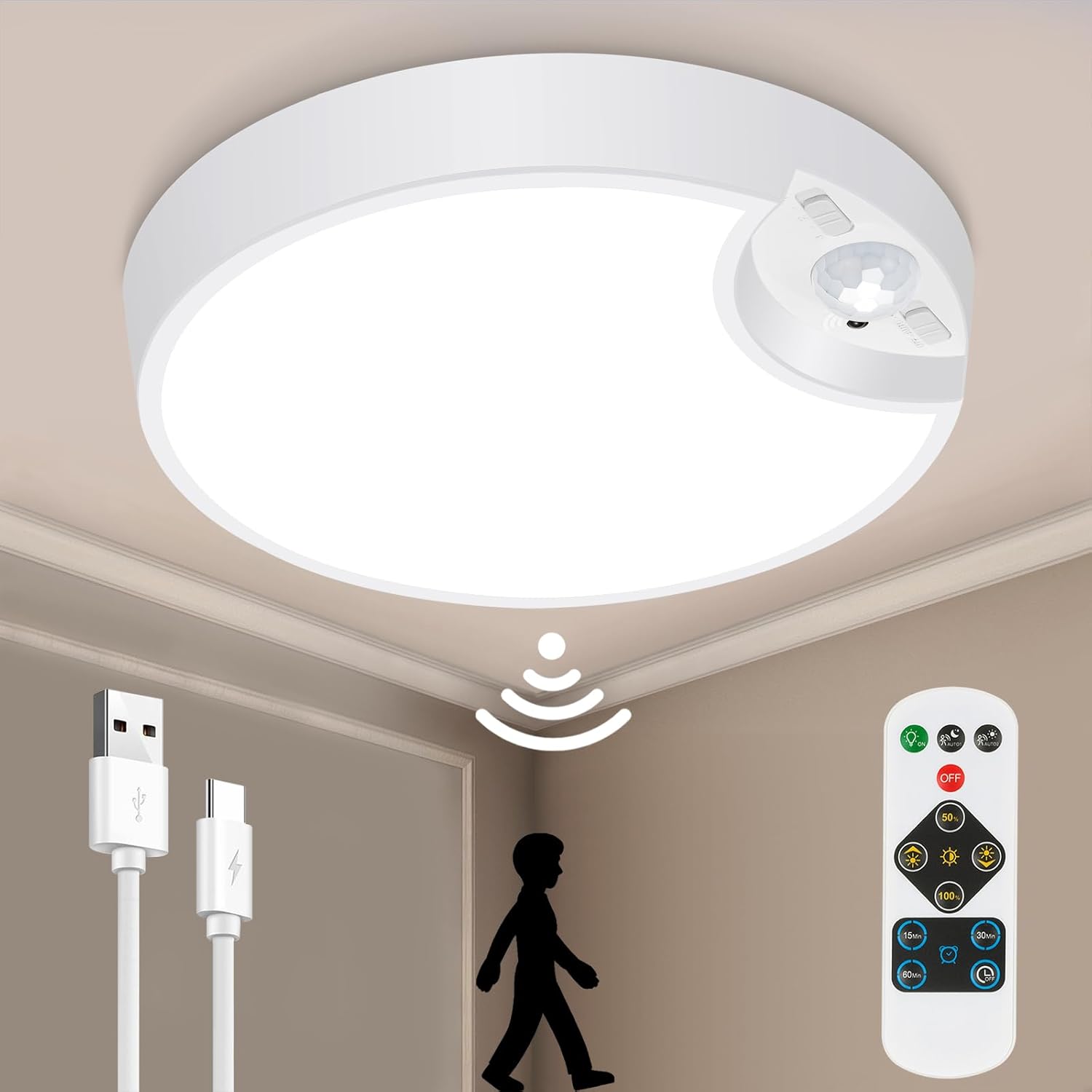 LINEWAY Rechargeable Motion Sensor Ceiling Light with Remote, Wireless Closet Light Rechargeable Battery Operated Ceiling Light 8.7inch 6000K 8000mAh Motion Activated Light for Pantry Bathroom Porch