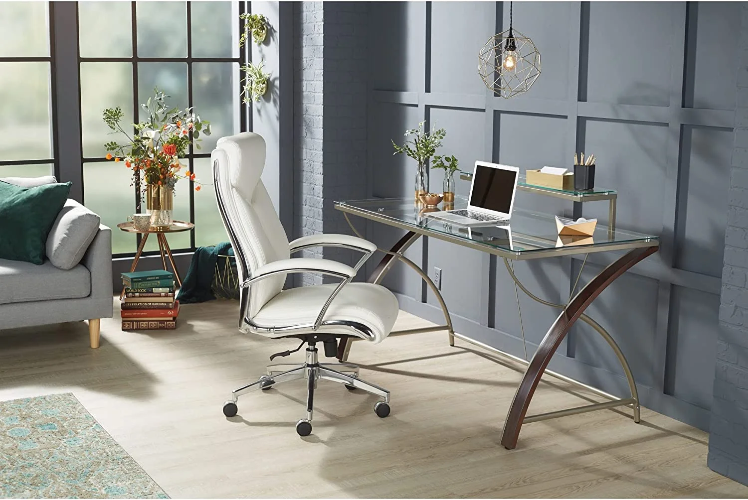 RUNFAYBIU ® Axley 55"W Glass Computer Desk  Cherry/Silver