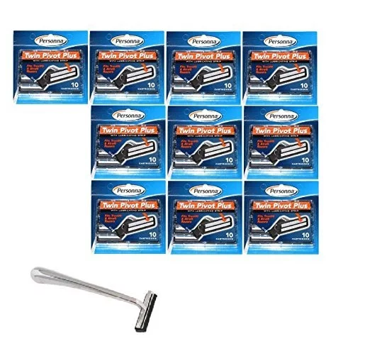 Trac II Chrome Handle + Personna Twin Pivot Plus Razor Cartridges w/ Lubricating Strip for Atra & Trac II Razors 10 ct. (Pack of 10) + Schick Slim Twin ST for Dry Skin