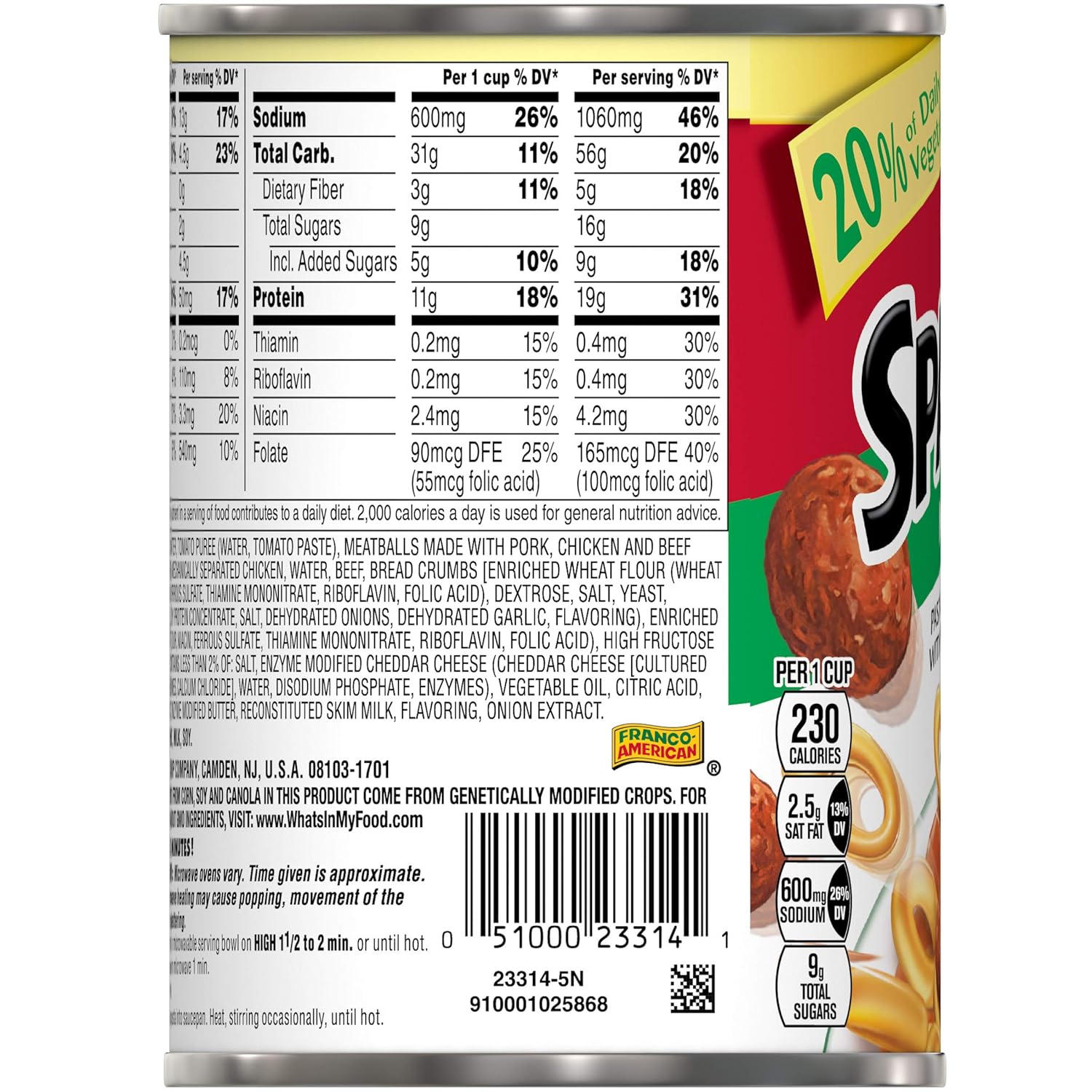 Campbell's SpaghettiOs Pasta with Meatballs, 15.6 Ounce Can