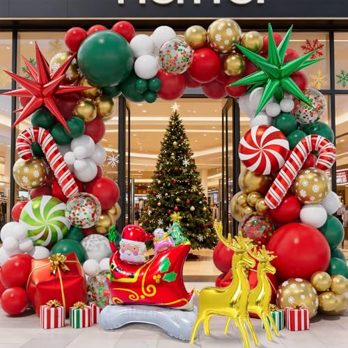 Christmas Balloon Garland Arch kit with Red White Green Gold Balloons, Confetti Balloons, Candy, Cane, Elk, Gift Box, Explosion-Star, Santa-Claus Sleigh Foil Balloons for Xmas Party Decorations