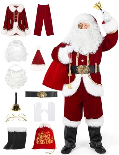 Santa Claus Costume for Men 11PCS Deluxe Adult Christmas Santa Suit Professional Red Outfit Xmas Holiday Cosplay