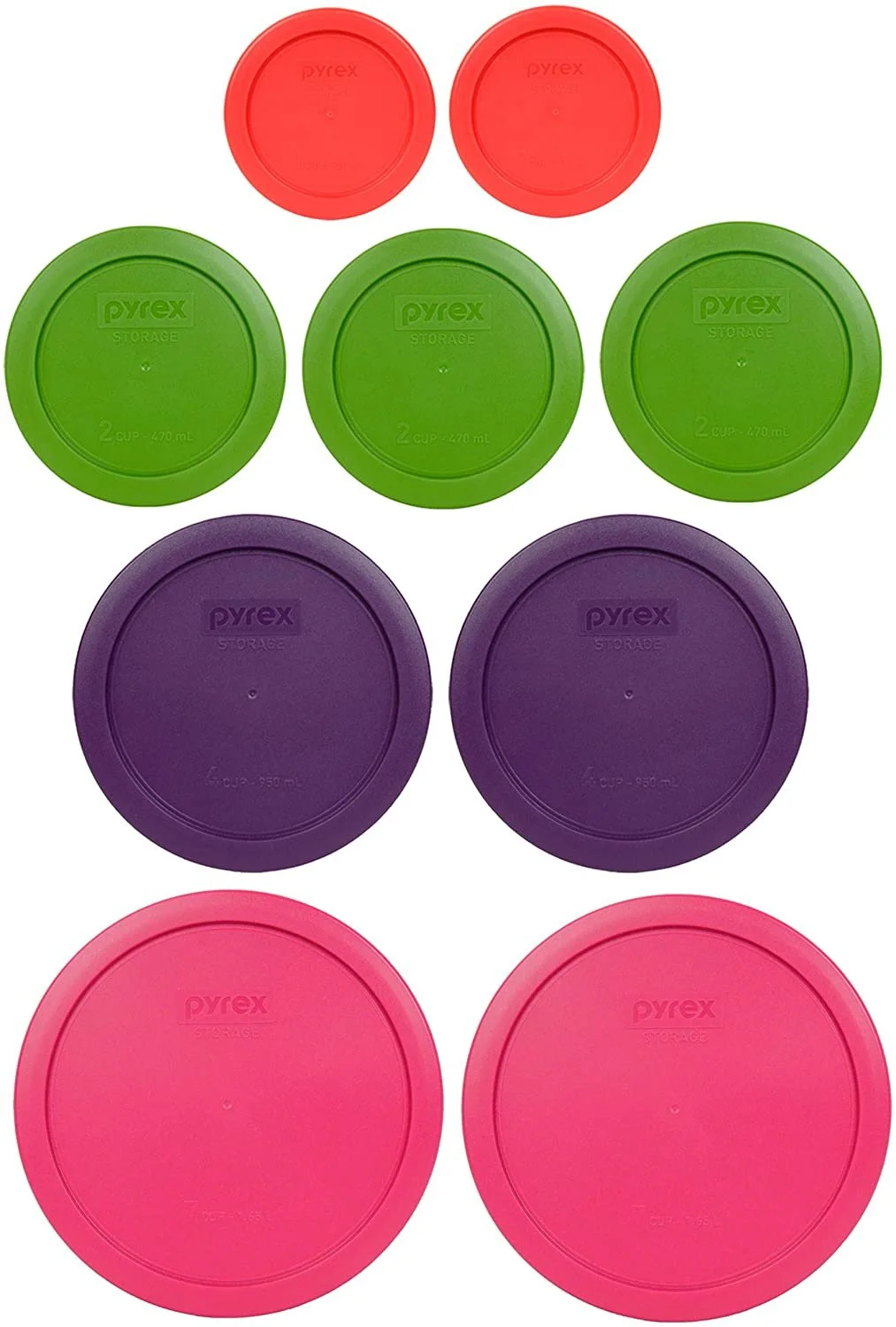 Pyrex 2 7402-PC 6/7 Cup Fuchsia 2 7201-PC 4 Cup Purple 3 7200-PC 2 Cup Lawn Green 2 7202-PC 1 Cup Red Replacement Food Storage Lids