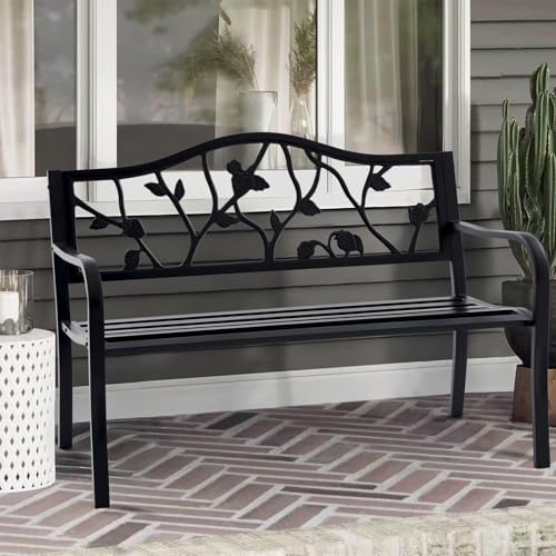 50” Outdoor Bench Garden Bench with American Flag Style, Sturdy Cast Iron Metal Frame Patio Park Bench for Porch Yard Lawn Deck Park