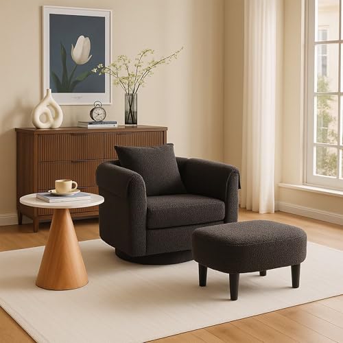 FLEXISPOT Swivel Accent Chair with Ottoman – Modern Chenille Barrel Armchair with Removable Back Pillow & Armrest Covers for Living Room, Bedroom, or Office, Black
