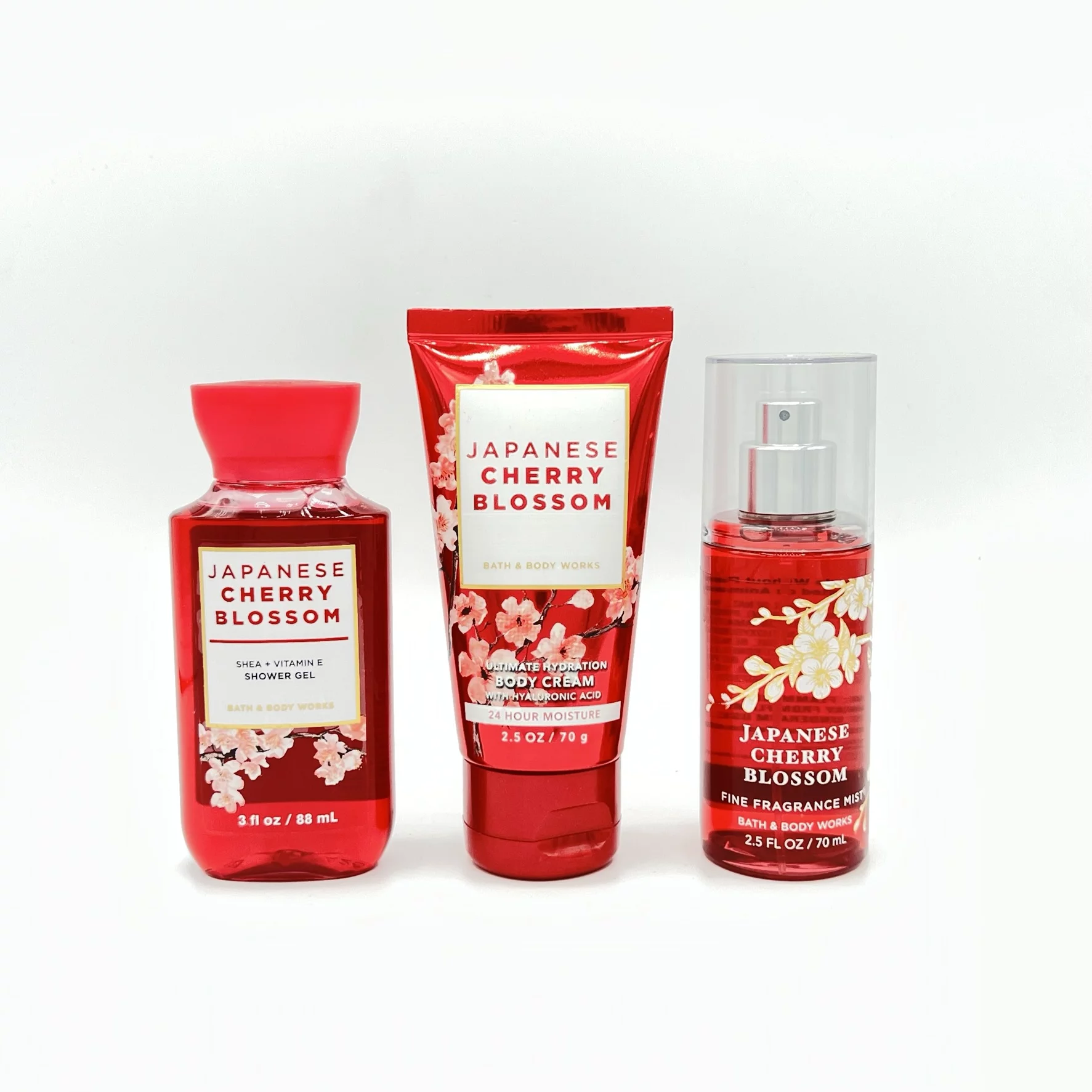 Bath & Body Works Japanese Cherry Blossom Travel Size Shower Gel, Body Cream and Fine Fragrance Mist 3-Piece Bundle