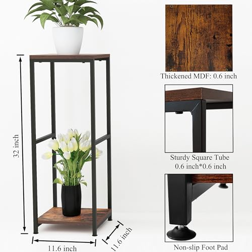 CASIMR Plant Stand for Indoor, Tall Metal Shelf with Square Wooden Board, 2 Tier Display Rack for Multiple Plants, 32 Inch Tiered Flower Pot Holder for Corner Living Room Balcony Garden Patio