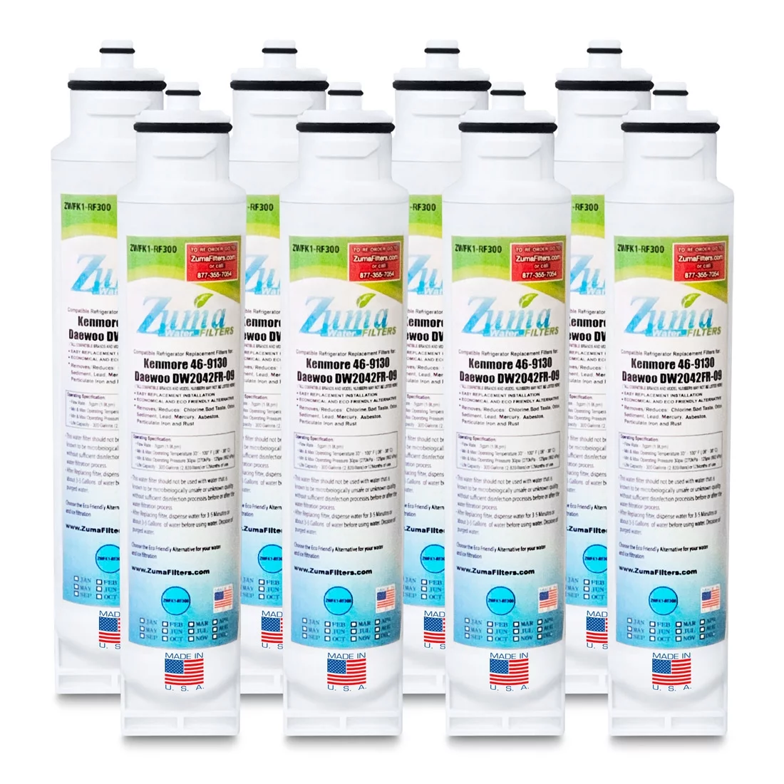 ZUMA Brand , Water and Ice Filter , Model # ZWFK1-RF300 , Compatible with Daewoo® / Kenmore® EFF-6012A - 8 Pack - Made in U.S.A.