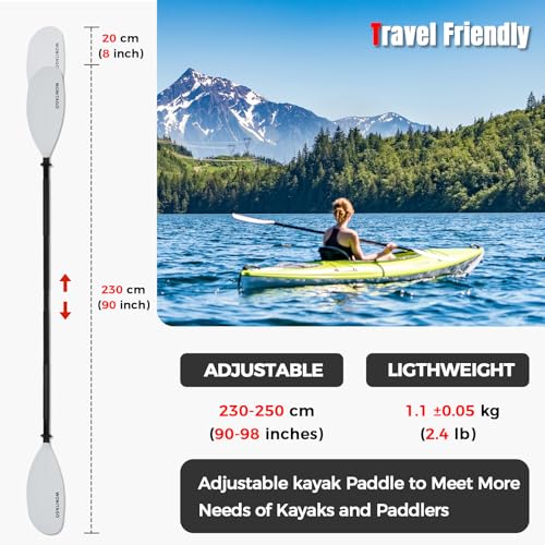 Kayak Paddles with Alloy Shaft and PP Blade, Floating Kayaking Oars, Adjustable 230-250 cm/90-98 Inches, 210-230 cm/82-90 Inches