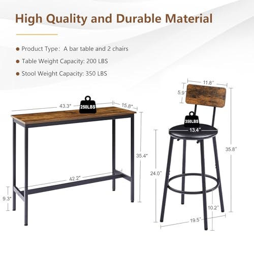 Tatub Bar Table with Stools Set of 2, Industrial 3 Piece Counter Height Small Dining Sofa Table and Chairs Set of 2, Brown