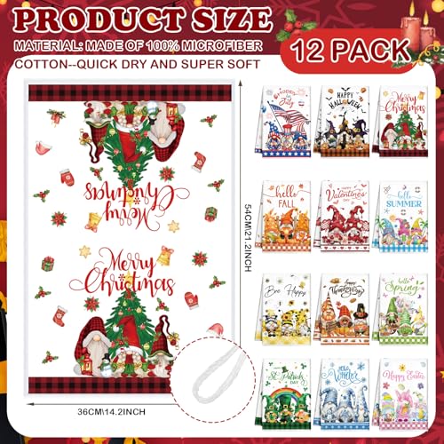 12 Pcs Seasonal Kitchen Towels Set for All Holidays Hand Dish Tea Towels Gift Bulk Christmas Absorbent Dishcloths Housewarming Gift for Cooking Kitchen Bathroom(Gnome Style,Bright Color)