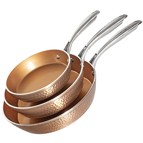 GOTHAM STEEL Hammered Copper Nonstick Frying Pan Set with Glass Lid (3 Pieces)