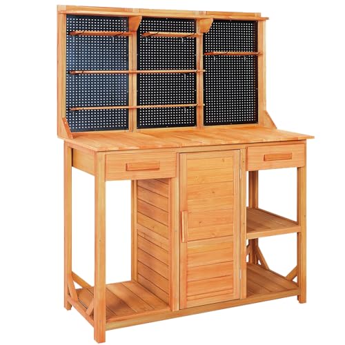 Outdoor Garden Potting Bench, Horticultural Wooden Workstation Table with Storage Drawer, Cabinet, Metal Pegboard, Adjustable Hooks and Shelves for Backyard, Patio, Greenhouse