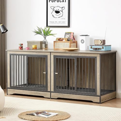 XL Double Large Dog Crate Furniture for 2 Dogs, Heavy Duty Dog Crate with Two Combined Rooms for Medium & Large Dogs, Wooden Dog Kennel with Tray & Partition, Metal Dog Cage Furniture, Dog Playpen