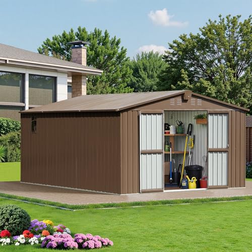 11×12.5 FT Large Outdoor Storage Shed. Backyard Storage Shed with Windows, Lockable Doors, Air Vent, Garden Tool Shed, Steel Tool House for Backyard, Lawn, Patio, Brown