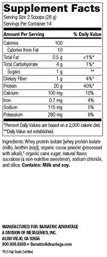 Bariatric Advantage High Protein Supplement Mix, 20 Grams Whey Protein Isolate Low Sugar with 100 Calories Per Serving - Chocolate, 14 Servings