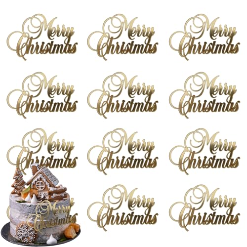 12 Pcs Christmas Cake Toppers - Merry Christmas & New Year Party Cake Decorations - Gold