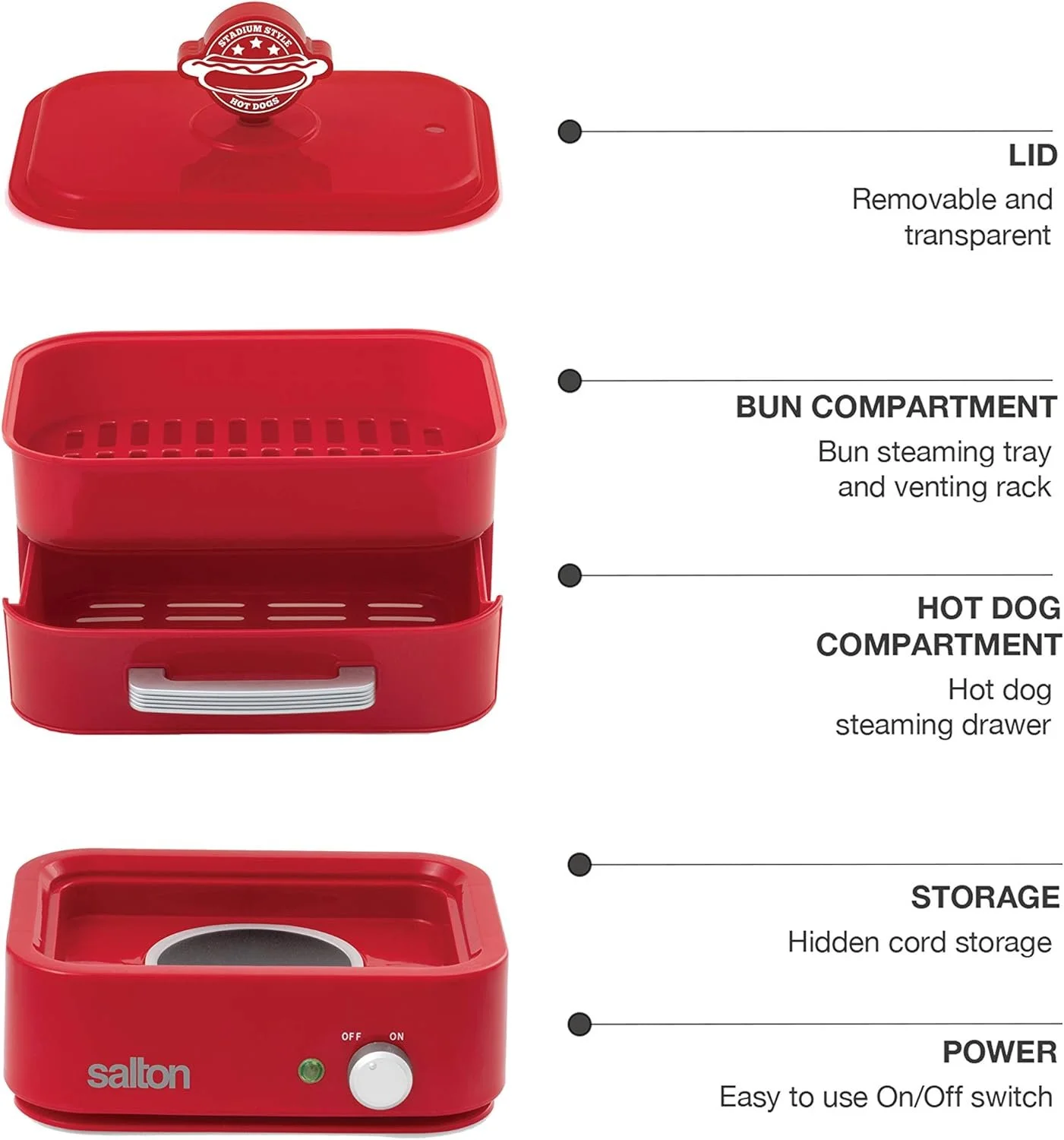 Salton HD1905 Hot Dog Food Steamer, Transparent, Red