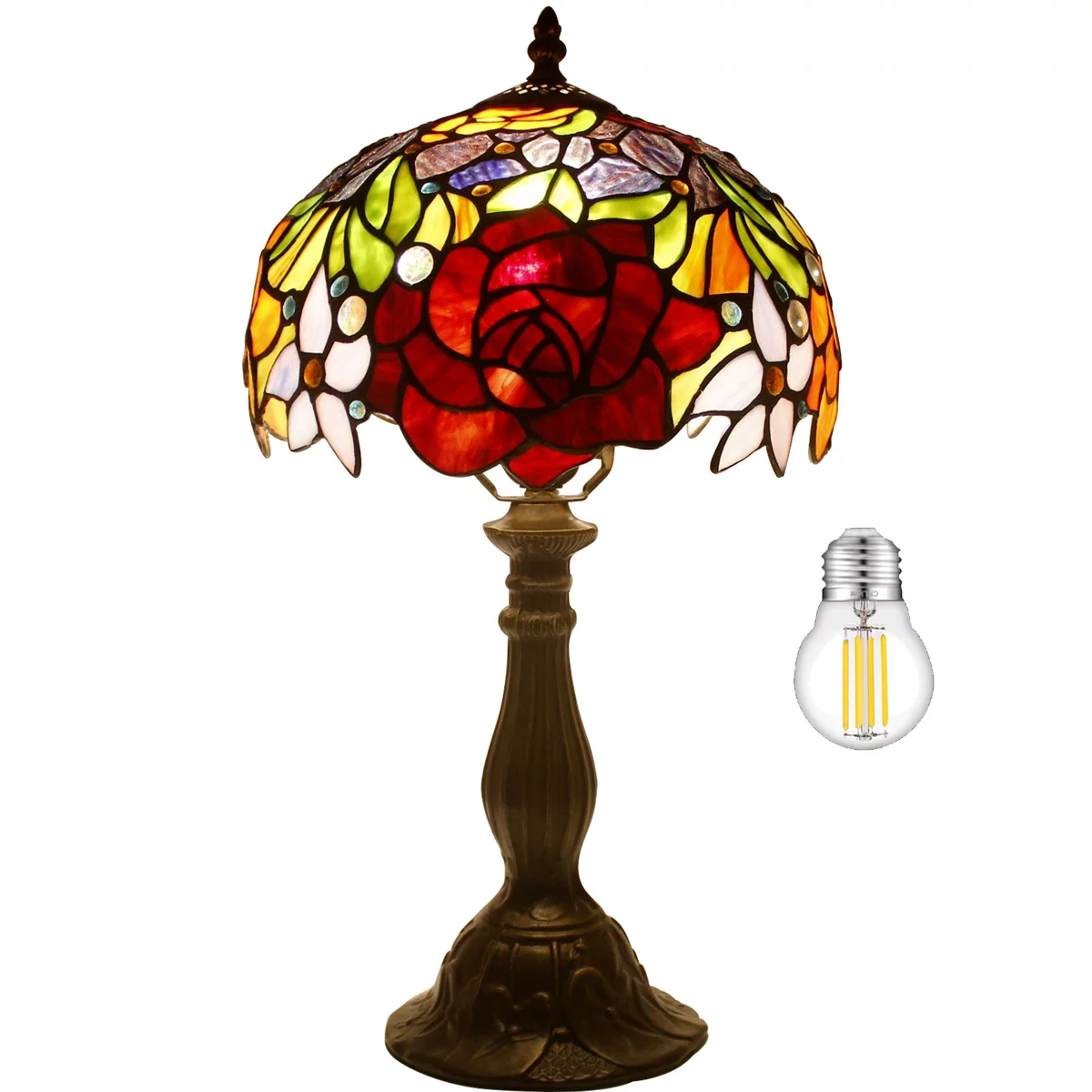 Tiffany Style Table Lamp Bedside Stained Glass Lamp Red Rose Desk Reading Light 18