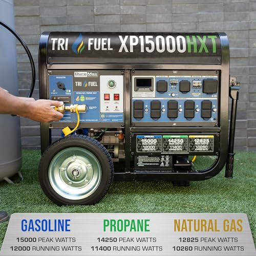 DuroMax XP13000HXT 13,000-Watt 500cc Tri Fuel Gas Propane Natural Gas Portable Generator with CO Alert, Black/Blue