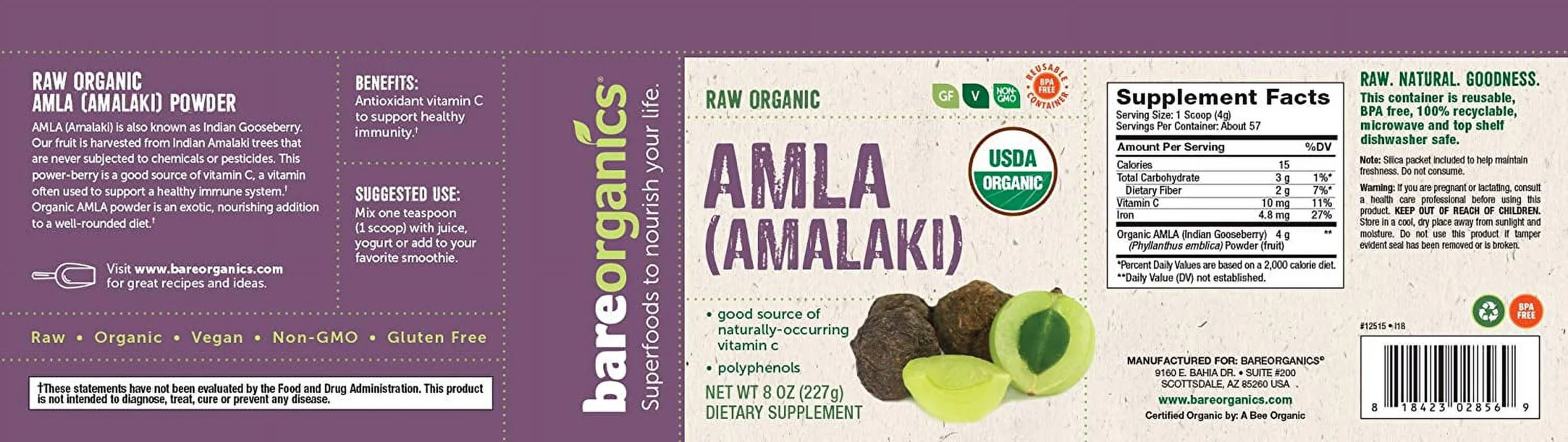 BareOrganics Amla Powder Raw 8 oz Pack of 3