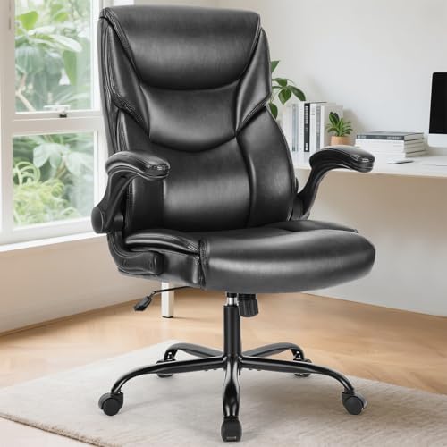 Sweetcrispy Ergonomic Computer Gaming Office Chair, Heavy Duty Task Desk Swivel Rolling Chairs with Wheels, Flip-up Arms, Adjustable Height, PU Leather, Black