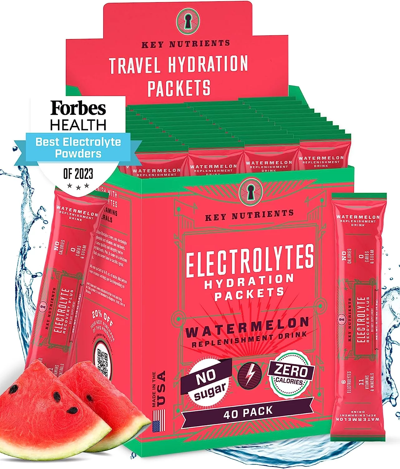 KEY NUTRIENTS Electrolytes Powder Packets - Refreshing Watermelon 40 Pack Hydration Packets - Travel Hydration Powder - No Sugar, No Calories, Gluten Free - Made in USA Watermelon 40 Servings