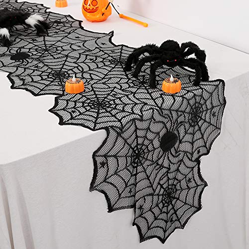 B-COOL Halloween Table Runners Lace 10 Packs Black Spider Web Linens Polyester Creepy Table Cloth for Halloween Party Dinner Gathering Gothic Festival Table Decoration 18x72inch