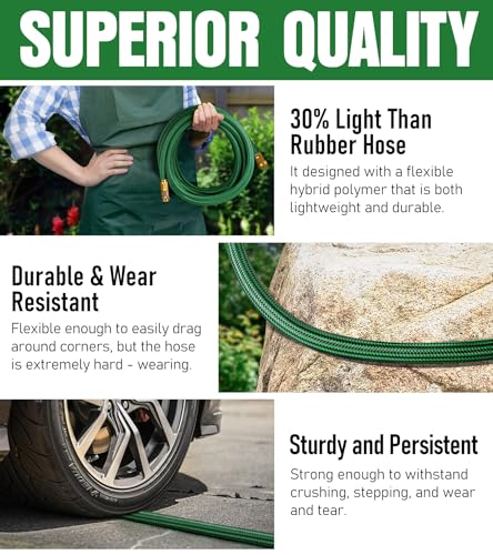 NON-EXPANDABLE Garden Hose 25 ft, Heavy Duty Flexible Water Hose, Kink Resistant Lightweight Hybrid Hose with Durable Fabric Skin, Leakproof Hose Male to Female Fittings