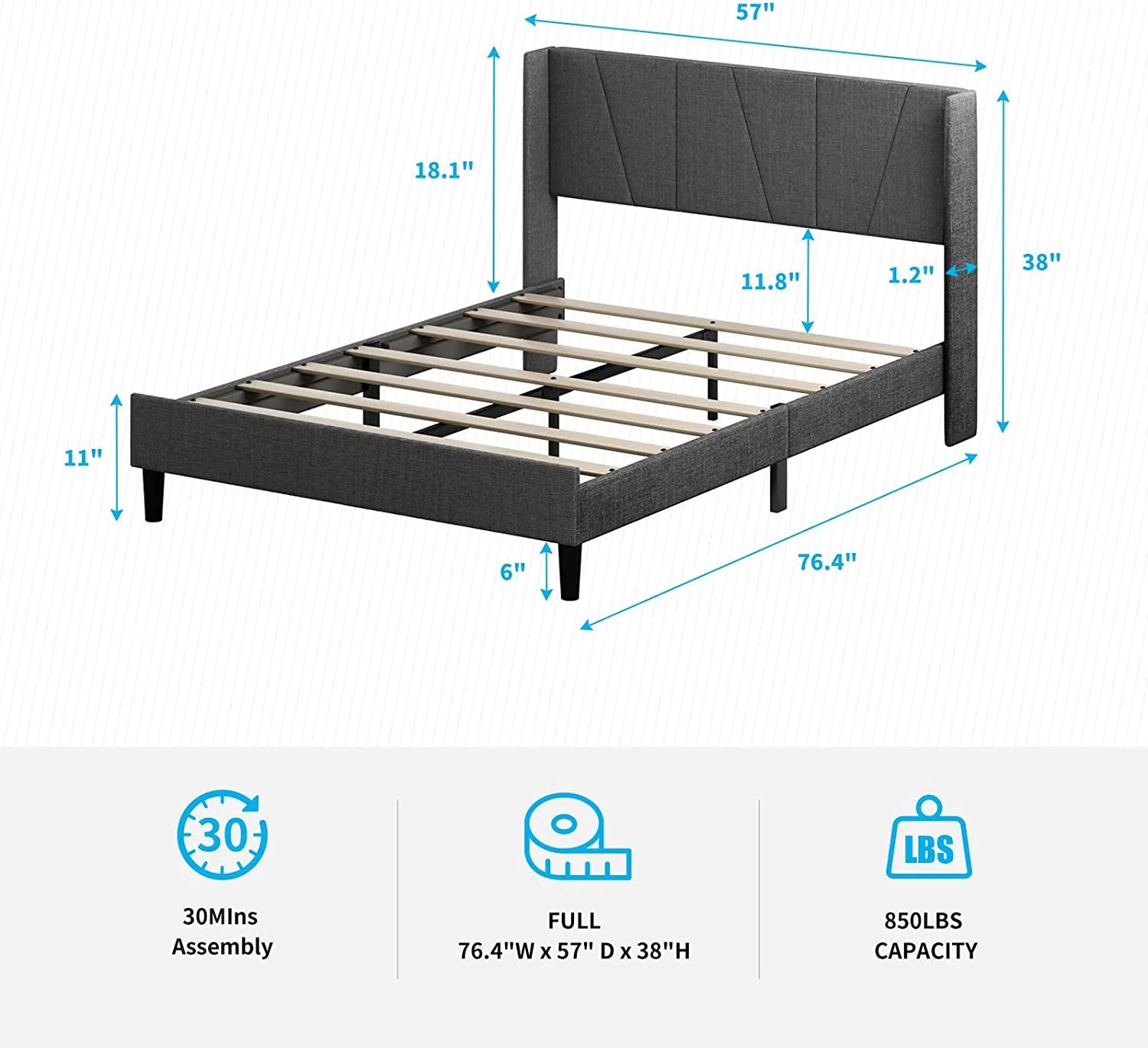 sell well Mjkone Full Upholstered Wingback Platform Bed Frame with Modern Headboard/Mattress Foundation with Wood Slat Support No Box Spring Needed/Easy Assembly  Dark Grey