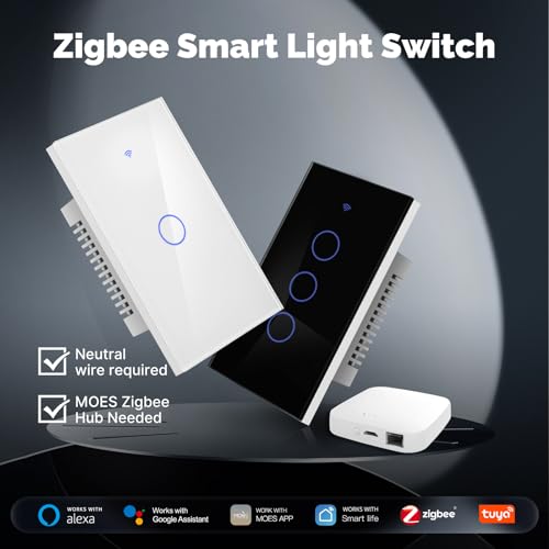MOES Zigbee Smart Switches 4 Gang, Require MOES Zigbee Hub and Neutral Wire, Inteligente Single Pole Light Switch, Work as Relay, Support Tuya Smart Life, Black