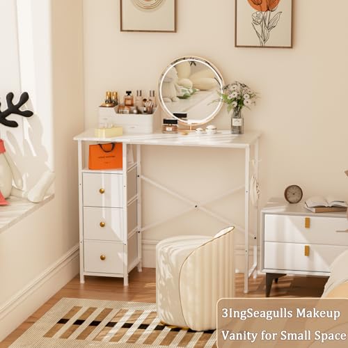 White Vanity Desk No Mirror, Small Vanity Desk with Drawers, Compact Makeup Vanity for Small Space, 35.4 Inches Woman Dressing Table with Storage, Makeup Desk for Bedroom with Hook, White
