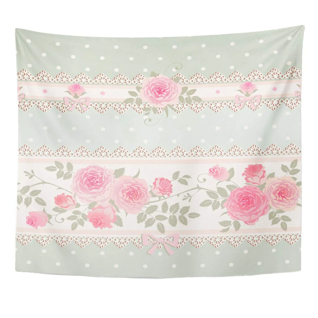 ZEALGNED Green Vintage Floral Polka Dot Pattern with Lace Bows and Pink Roses Shabby Chic Style Flower Wall Art Hanging Tapestry Home Decor for Living Room Bedroom Dorm 51x60 inch