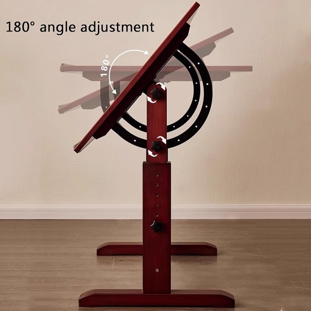 Drawing Table, Studio Painting Table and Craft Table, Height and Angle Adjustable, with Tilting Magnifying Tabletop and T-square