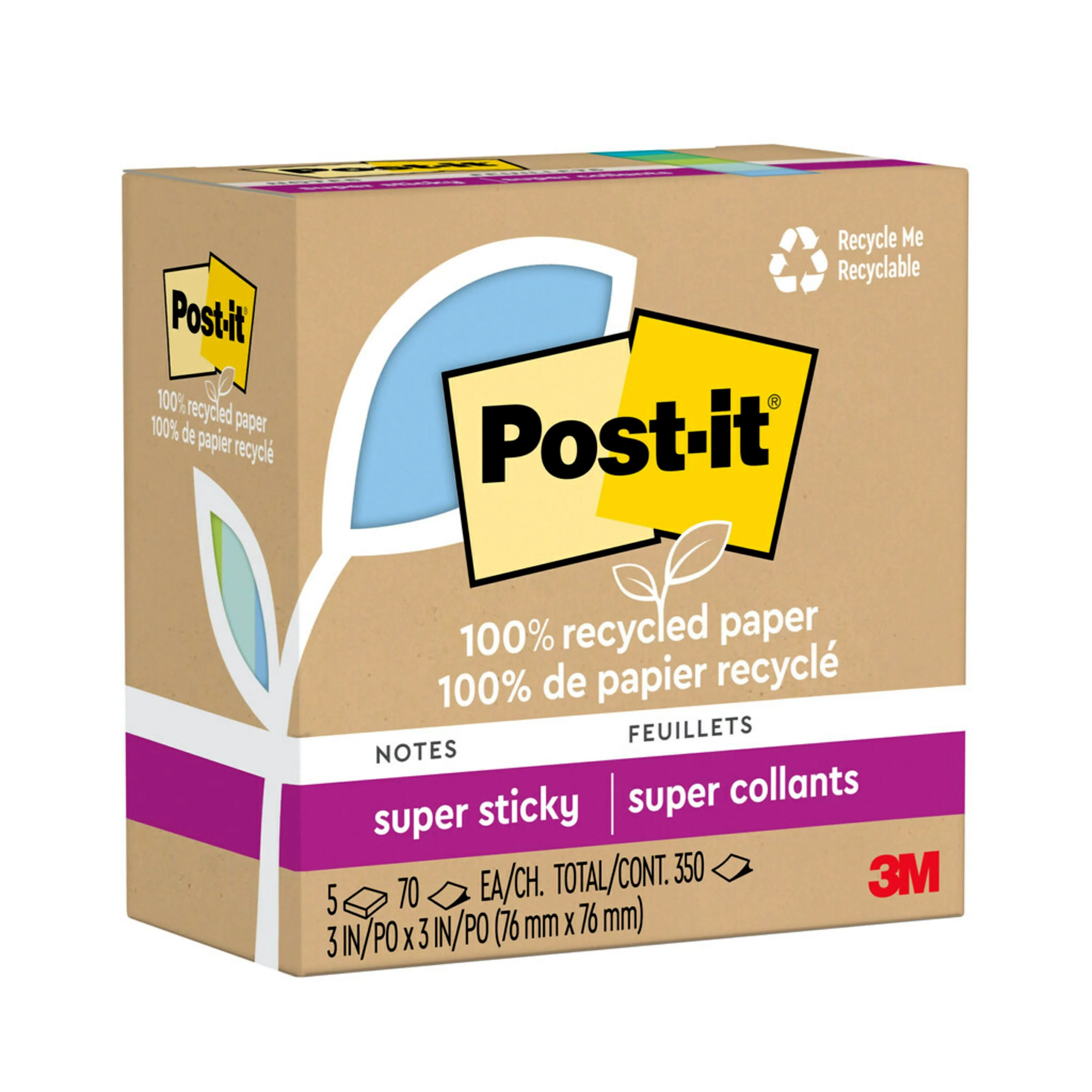 Post-it 100% Recycled Paper Super Sticky Notes, Oasis, 5 Pads